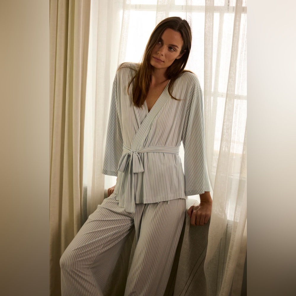 Lake Pajamas DreamModal Kimono Pajama Set in Sage and White Vertical Stripe